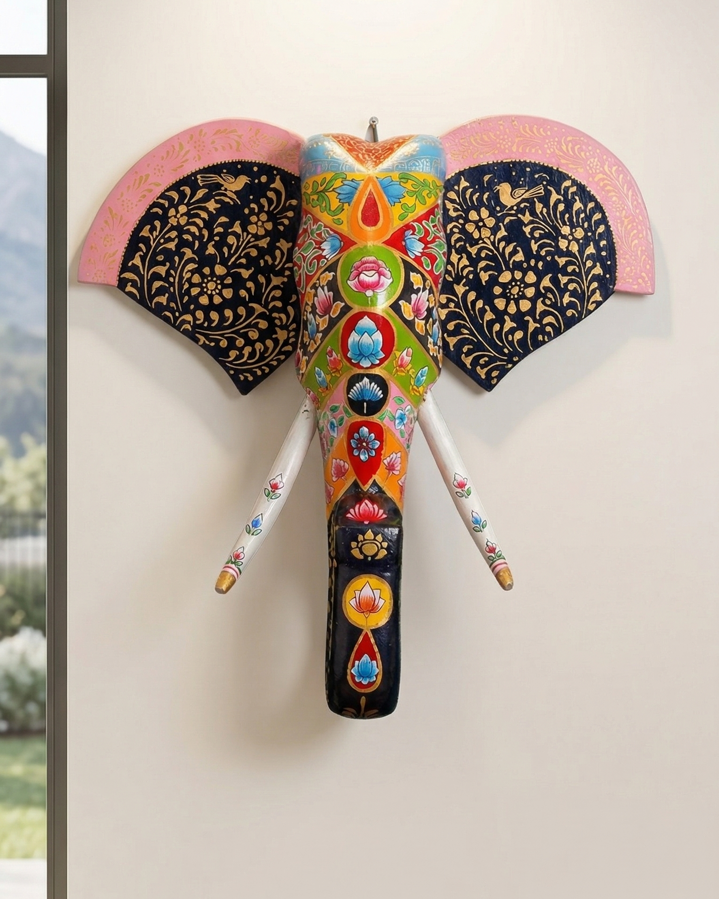 Hand Painted Wooden Elephant Bust
