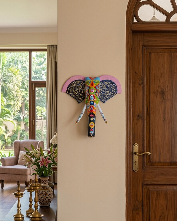 Hand Painted Wooden Elephant Bust
