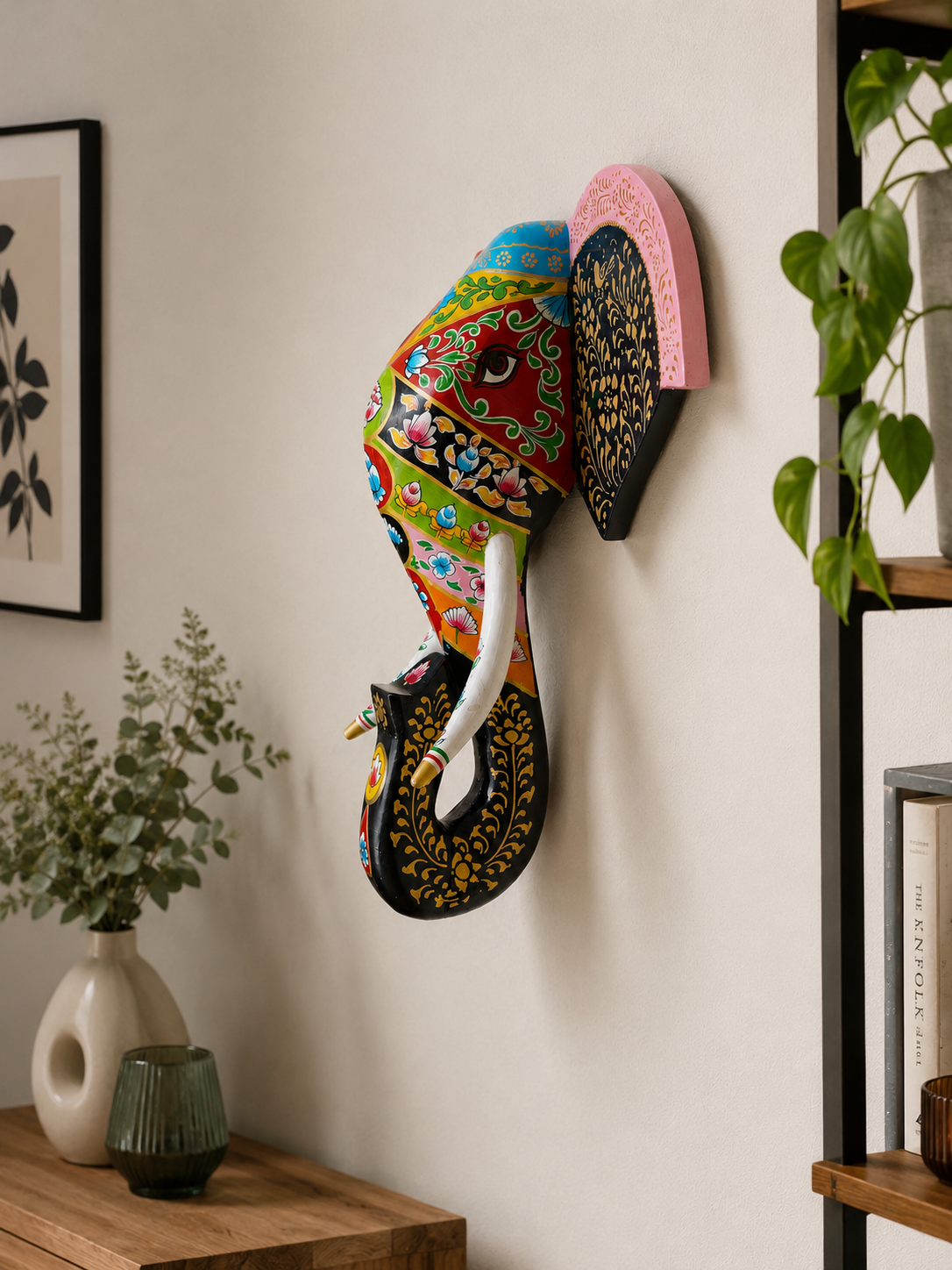 Hand Painted Wooden Elephant Bust