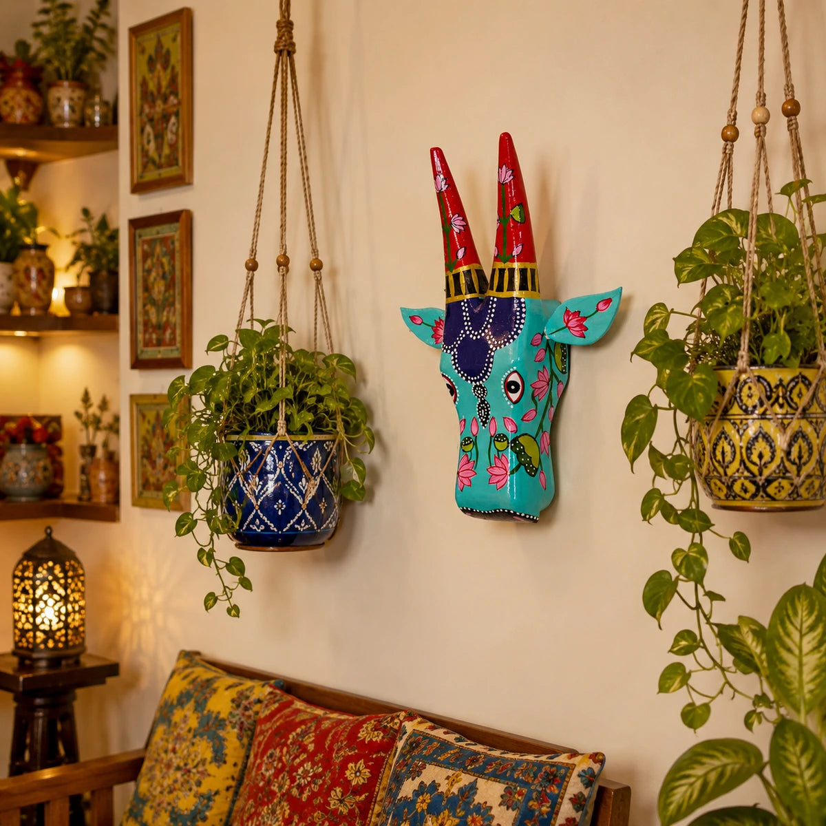 Aqua Blue Hand Painted Cow Head Wall hanging 12inch