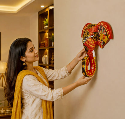 Hand Painted Red Wooden Elephant Bust