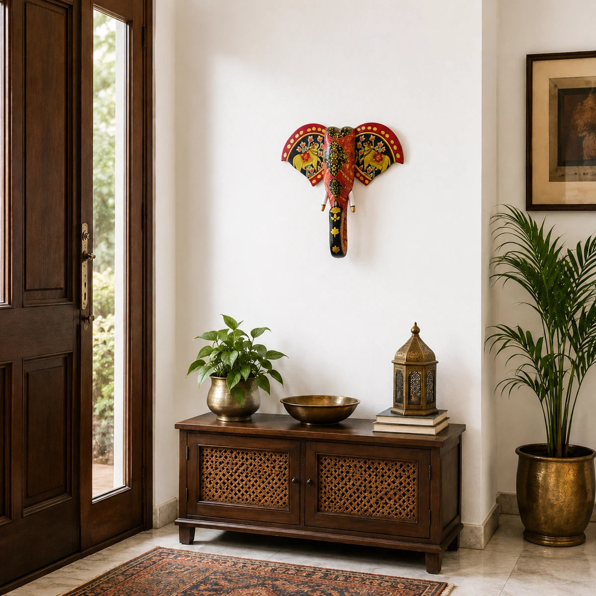 Hand Painted Red Wooden Elephant Bust