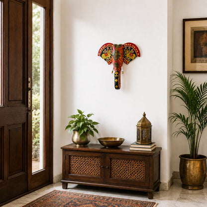 Hand Painted Red Wooden Elephant Bust