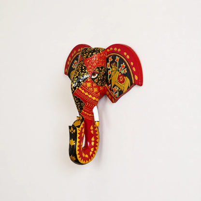 Hand Painted Red Wooden Elephant Bust