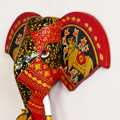 Hand Painted Red Wooden Elephant Bust