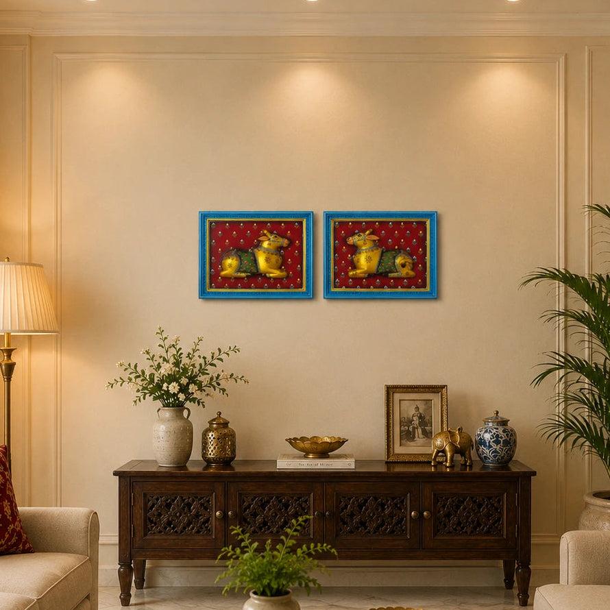 12-inch Golden Seated Cow Wooden Wall Panel featuring intricate hand painting and traditional Indian craftsmanship. Vastu-inspired wall decor believed to attract good luck, positivity, prosperity, and harmony to your home.