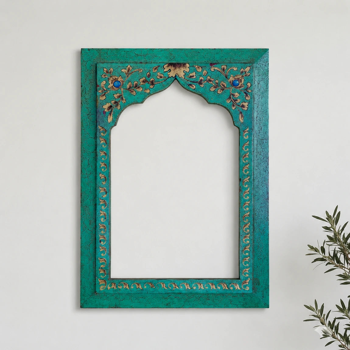 hand-painted wooden frame featuring delicate floral artwork and an elegant antique crack finish