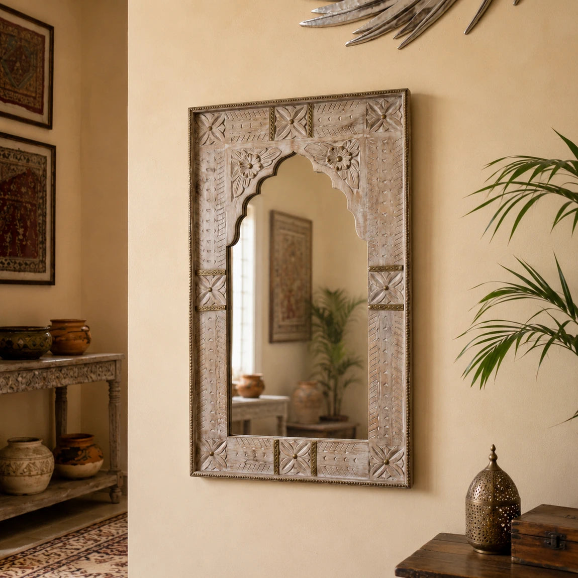 handcrafted traditional white washed hand carved frame, featuring intricate ethnic carvings and a stunning look with brass strips