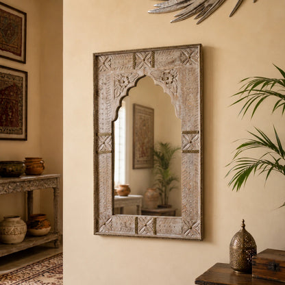 handcrafted traditional white washed hand carved frame, featuring intricate ethnic carvings and a stunning look with brass strips