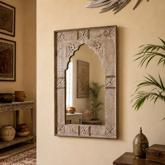 handcrafted traditional white washed hand carved frame, featuring intricate ethnic carvings and a stunning look with brass strips