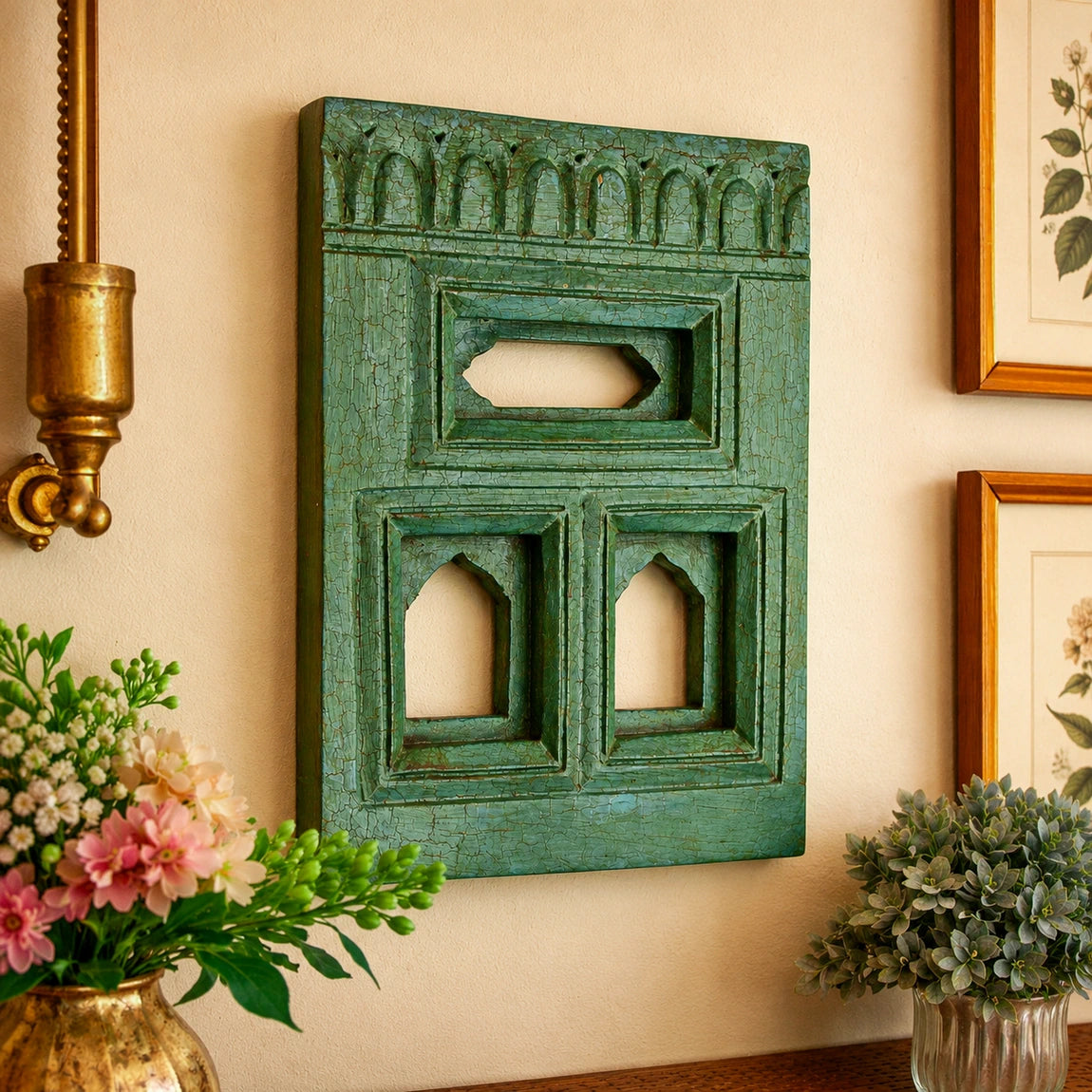 Crack Finish Antique Green Jarokha Frame