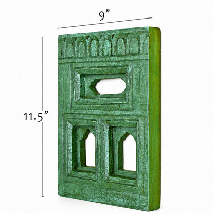Green decorative wall art piece with dimensions on a white background
