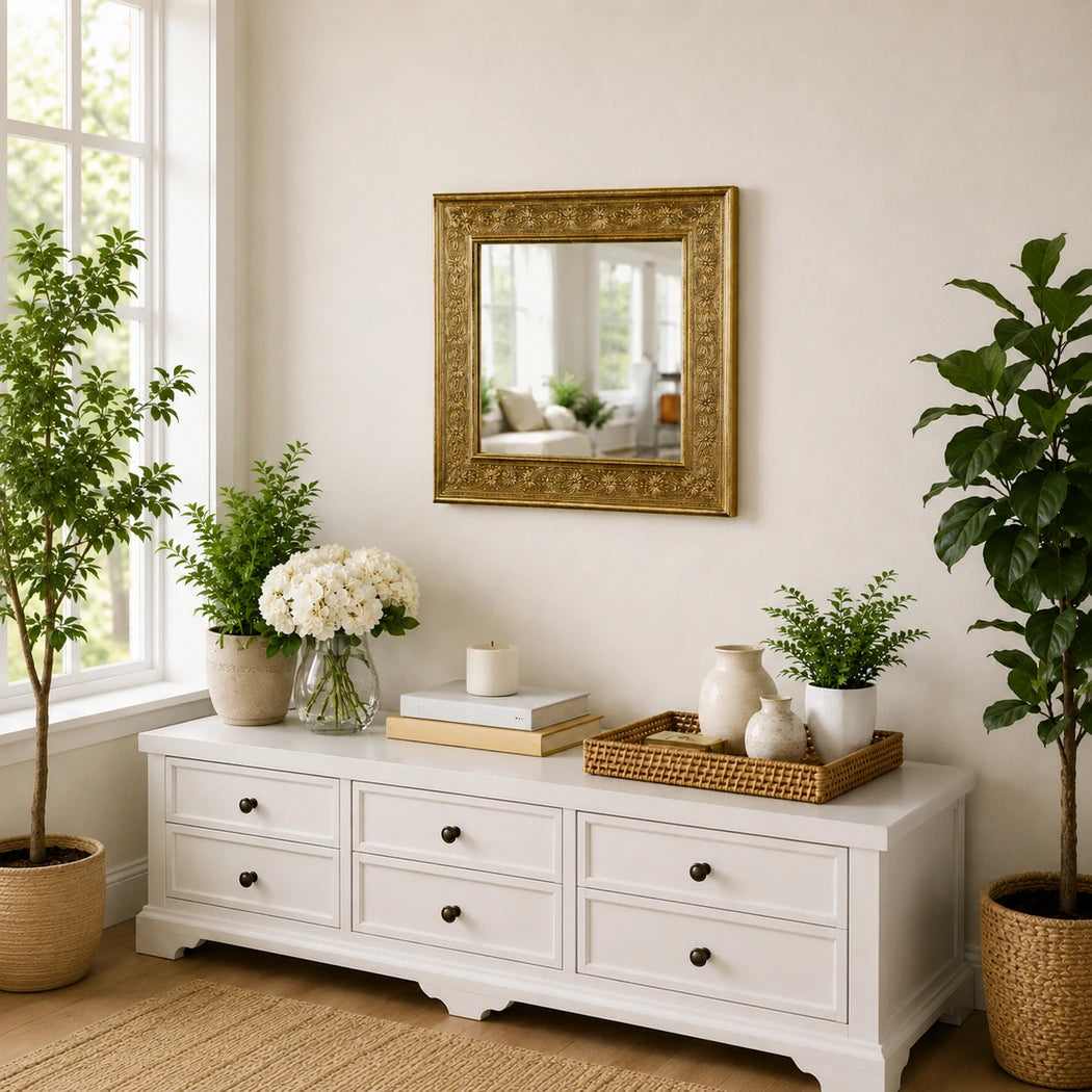 Emboss Design Brass Mounted Wooden Mirror Frame