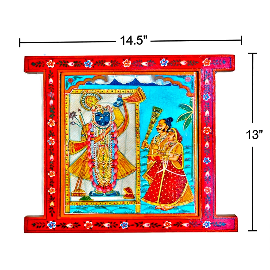 Decorative frame with colorful design and measurements on a white background