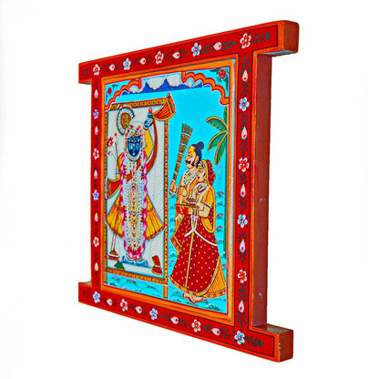 Hand Painted Srinath ji Seva Pichwai Crack Antique Finish Window Frame