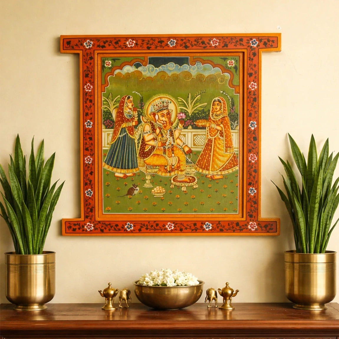 Hand Painted Ganesh ji Pichwai Window With Crack Antique Look