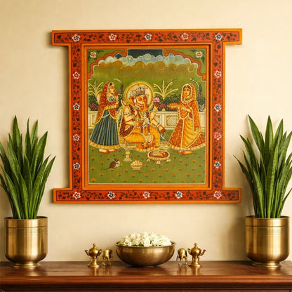 Hand Painted Ganesh ji Pichwai Window With Crack Antique Look