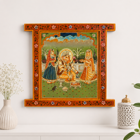 Hand Painted Ganesh ji Pichwai Window With Crack Antique Look