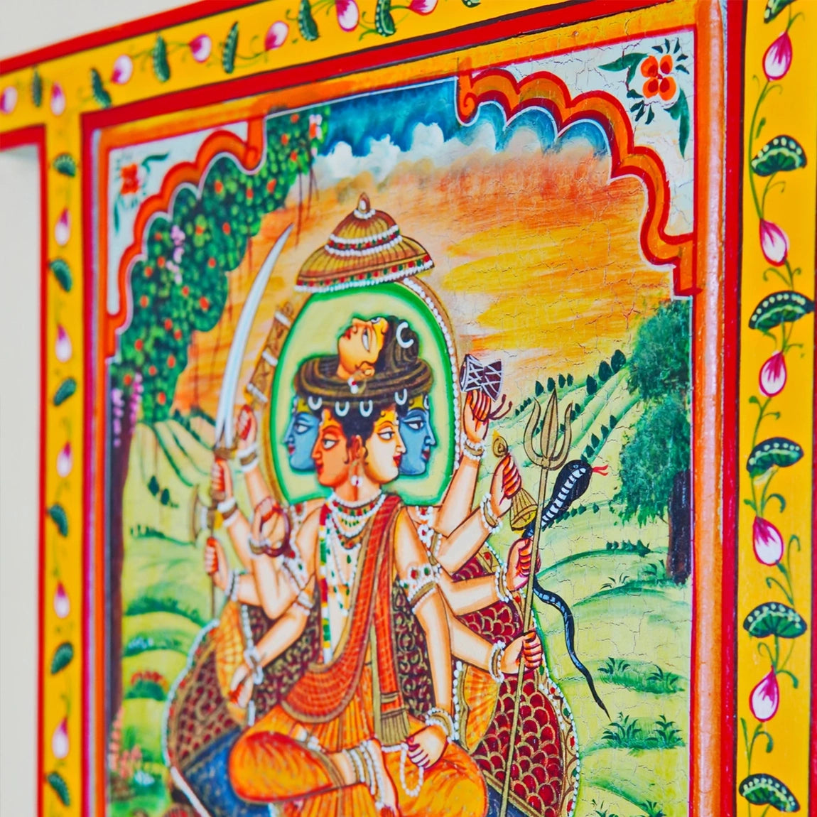 Hand Painted Kartikey Pichwai Window With Crack Antique Look