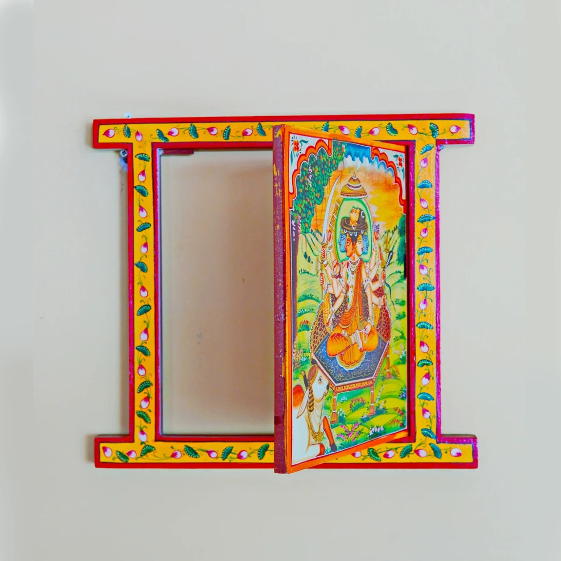 Hand Painted Kartikey Pichwai Window With Crack Antique Look