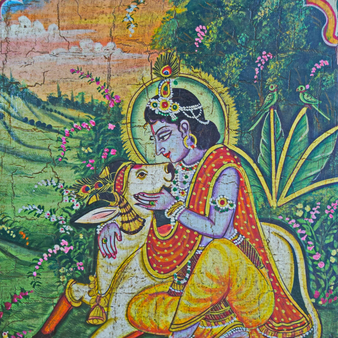 Hand Painted Krishna Pichwai Window With Crack Antique Look