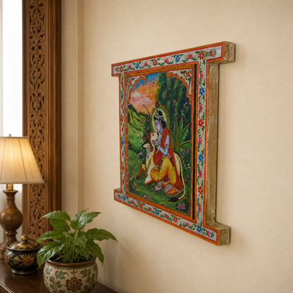 Hand Painted Krishna Pichwai Window With Crack Antique Look