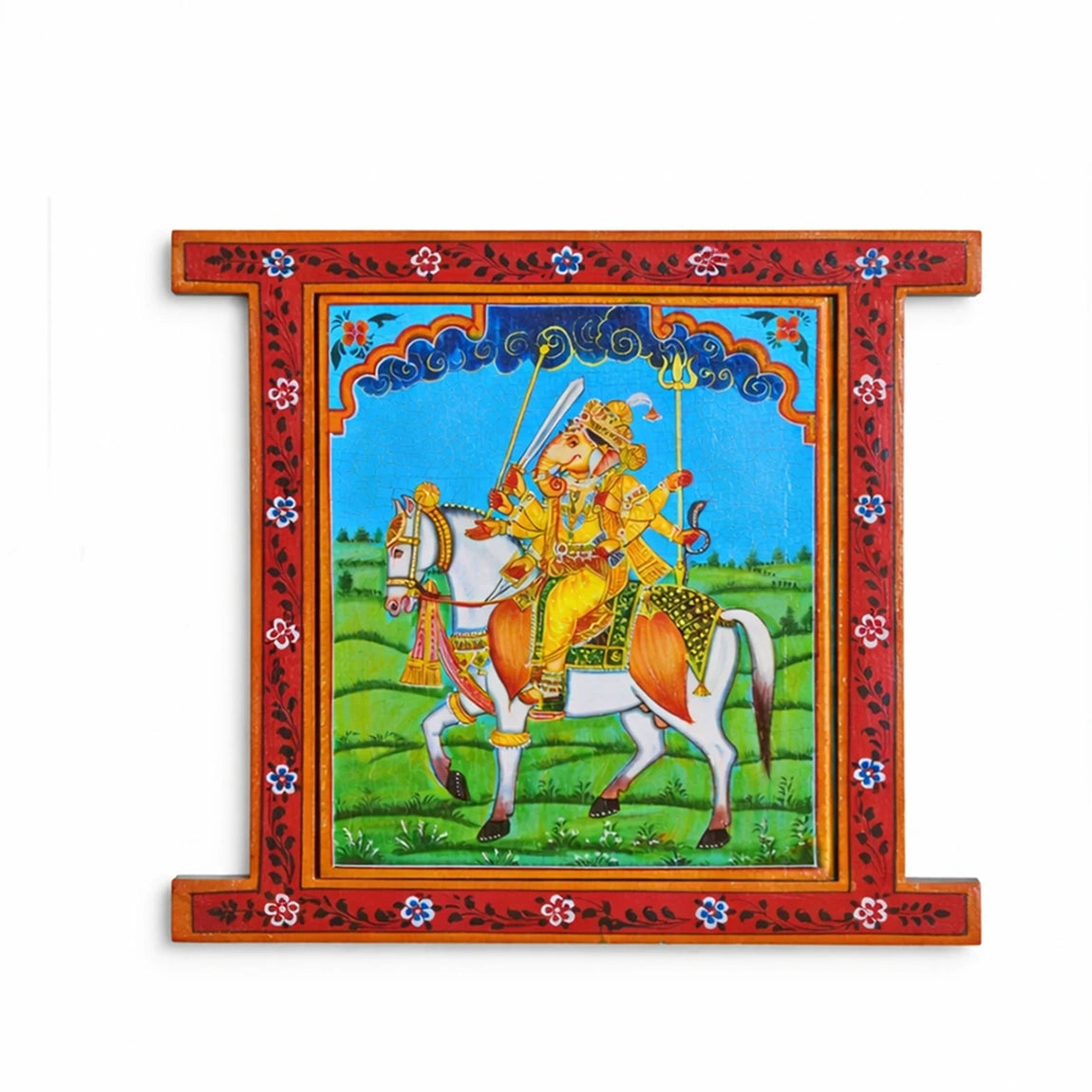 Hand Painted Ganpati ji Pichwai Window With Crack Antique Look