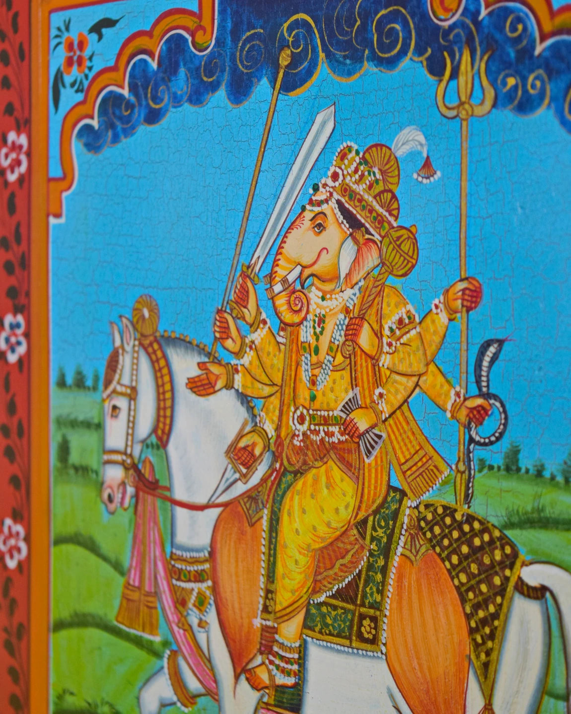 Hand Painted Ganpati ji Pichwai Window With Crack Antique Look