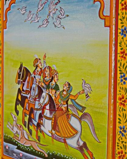 Colorful illustration of people on horseback with birds flying above, framed by decorative elements.